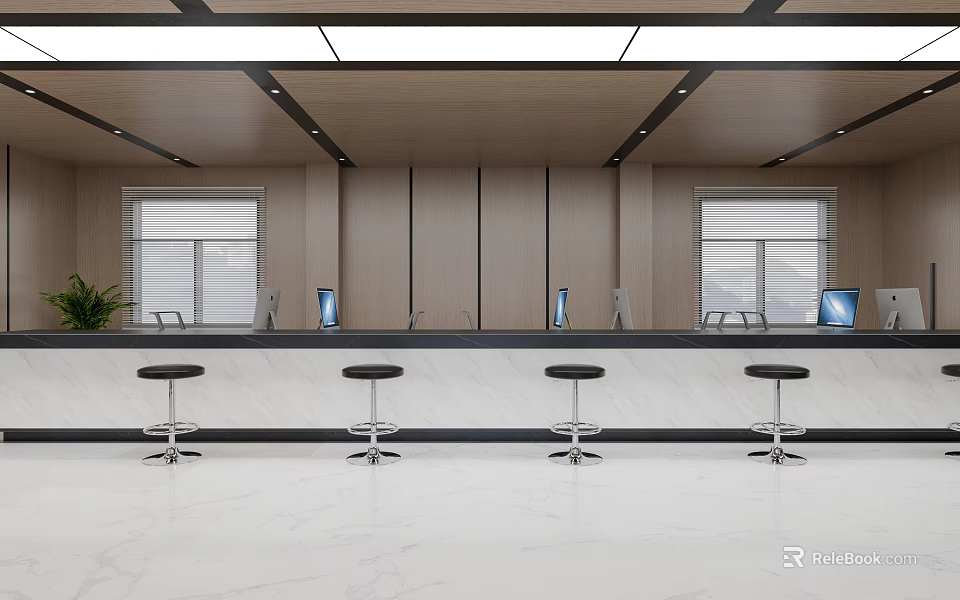 Modern Service Hall Interior With Counter Stools And Computers 3d model
