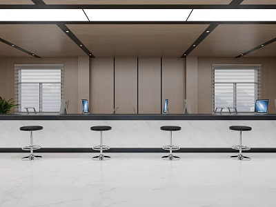 Modern Service Hall Interior With Counter Stools And Computers 3d model