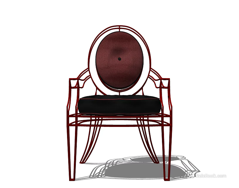 Stylish Accent Chair with Red Metal Frame Oval Backrest Curved Legs and Black Cushion 3d model 