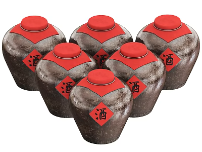 Six Traditional Ceramic Wine Jars With Dark Brown Bodies Red Lids And Red Wine Labels 3d model