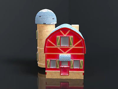 Red Barn and Blue Dome Tower Architectural Model with Brick Structure and Wooden Details 3d model