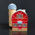 Red Barn and Blue Dome Tower Architectural Model with Brick Structure and Wooden Details
