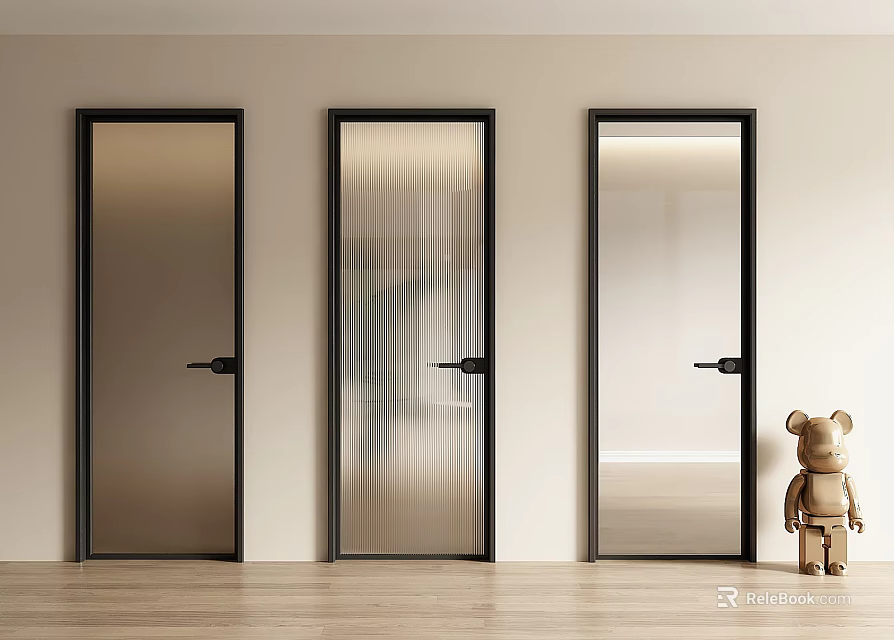 Modern Swing Doors With Black Frames And Frosted Ribbed Clear Glass Designs 3d model 