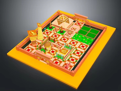 Colorful Courtyard Model With Patterned Tiles Green Lawn And Decorative Structures 3d model