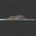 3D Coastal Terrain Model With Mountain Blue Water Sandy Beach And Buildings