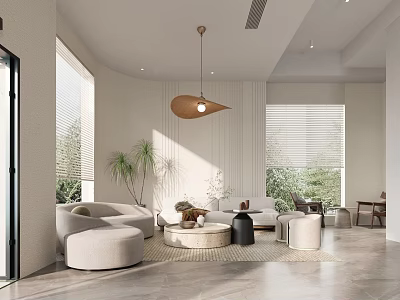 Elegant Modern Hotel Public Lounge Interior With Curved Sofa Round Coffee Table And Green Plants 3d model