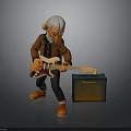 A Senior Man With White Hair Playing Electric Guitar Near Amplifier In Brown Jacket