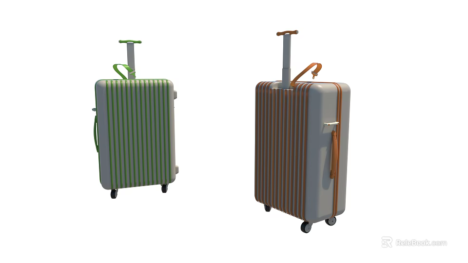 Two Modern Striped Trolley Suitcases in Green and Brown with Wheels 3d model 
