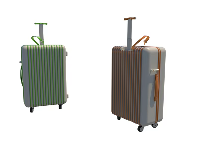 Two Modern Striped Trolley Suitcases in Green and Brown with Wheels 3d model