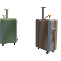 Two Modern Striped Trolley Suitcases in Green and Brown with Wheels