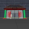 Chinese Style Event Gateway With Zhìhè Theme Plaque Red Pillars Traditional Roof And Circular Carvings