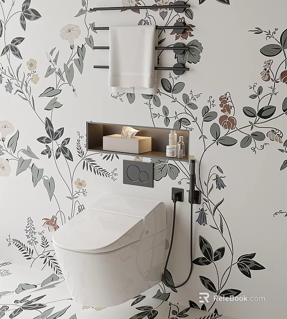 Modern Toilet in Bathroom With Floral Wallpaper Tissue Box Shelf and Towel Rack 3d model 