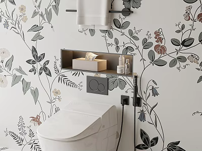 Modern Toilet in Bathroom With Floral Wallpaper Tissue Box Shelf and Towel Rack 3d model