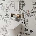 Modern Toilet in Bathroom With Floral Wallpaper Tissue Box Shelf and Towel Rack
