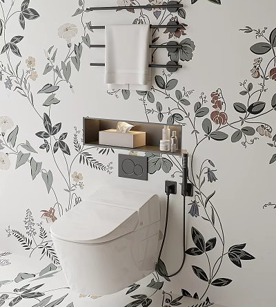 Modern Toilet in Bathroom With Floral Wallpaper Tissue Box Shelf and Towel Rack 3d model