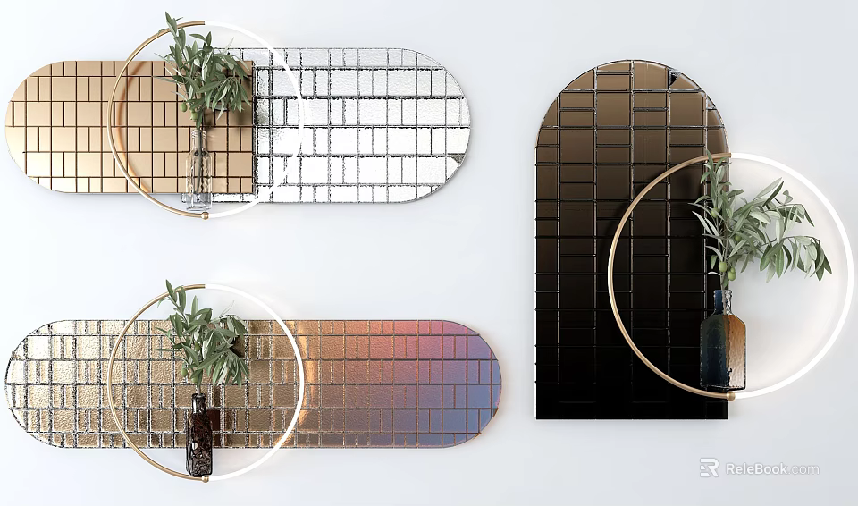 Mirror Shaped Wall Decor With Circular Rings And Plants 3d model