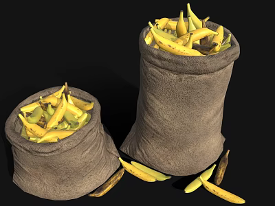 Two Burlap Sacks Filled With Fresh Bananas And Some Scattered On Ground 3d model