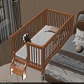 Children's Wooden Bed with Rails and Ladder in Bedroom Next to Bed with Window Curtains