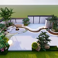Modern Garden Landscape Design With Curved Pathway Water Feature And Lush Plants
