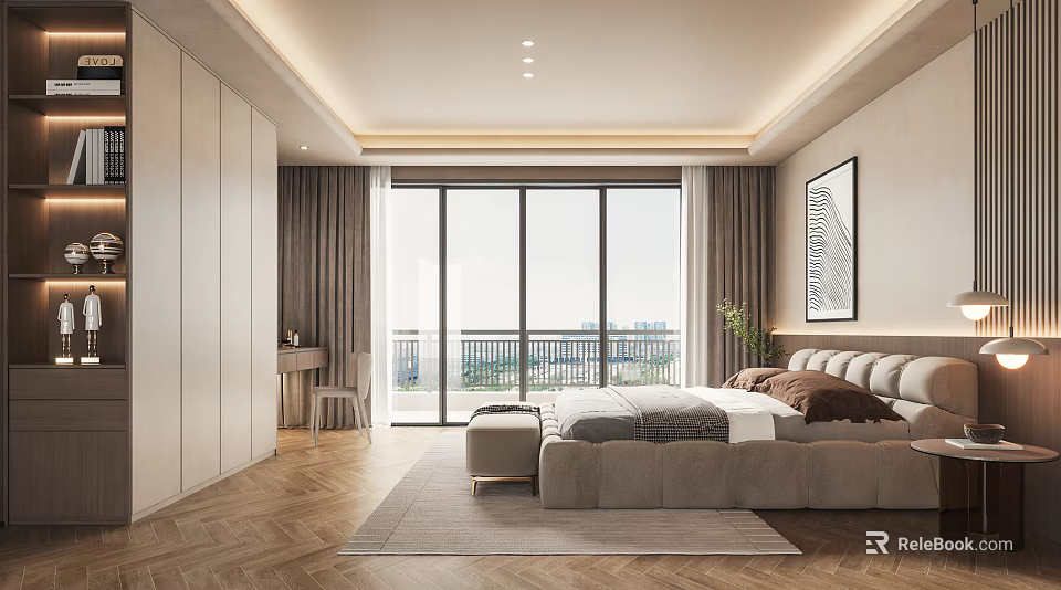 Modern Bedroom Interior With Large Windows City View Beige Bed Wooden Floors Wardrobe And Curtains 3d model 
