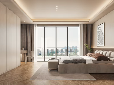 Modern Bedroom Interior With Large Windows City View Beige Bed Wooden Floors Wardrobe And Curtains 3d model