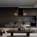 Modern Dining and Living Room Interior Design With Black Fireplace TV and Wooden Coffee Table