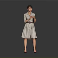 Woman Holding Phone In Light Colored Dress With Belt And Red High Heels Gray Background
