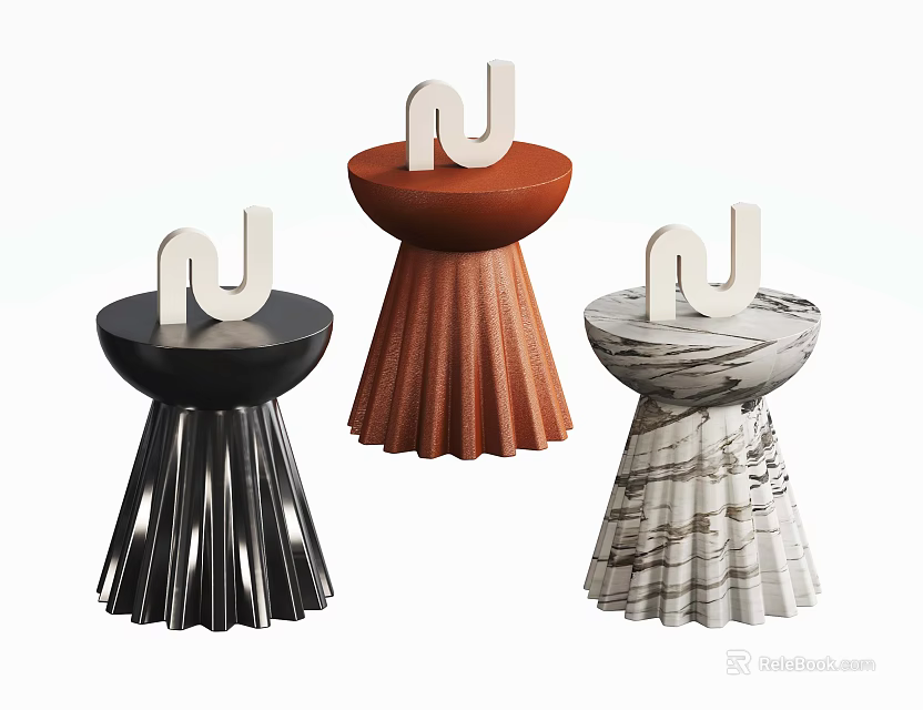 Modern Black Brown Marble Side Tables With Unique Base Design And White Accents 3d model 