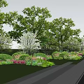 Arbor Centered Landscape Design With Lush Grass Pedestrian Pathway And Colorful Flowers