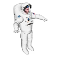 Man in White Astronaut Suit Standing on Dark Lunar Surface with Extended Arms