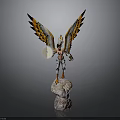 Mythical Eagle Humanoid Figure With Spread Orange Black Wings Holding Glowing Orb On Rock