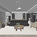 Modern Living Room Interior With Black Sofa Round Coffee Table Pendant Lights And White Sculpture