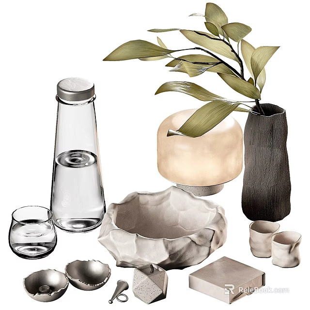 Stylish Decorative Ornament Set with Transparent Glassware Textured Ceramic and Green Leaf Vase 3d model 