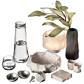 Stylish Decorative Ornament Set with Transparent Glassware Textured Ceramic and Green Leaf Vase