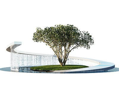 Decorative Garden Ornament With Curved White Water Feature Green Tree And Grass Area 3d model
