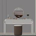 Modern White Dressing Table with Round Mirror Small Makeup Mirror Cosmetics and Wooden Striped Stool