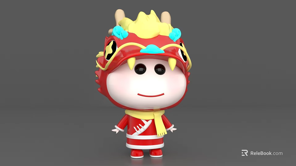 Cute 3D Cartoon Character Wearing Red Yellow Dragon Headgear With Blue Accents And Scarf Outfit 3d model 