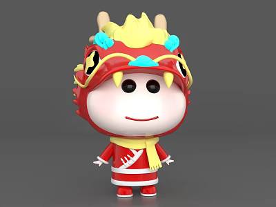 Cute 3D Cartoon Character Wearing Red Yellow Dragon Headgear With Blue Accents And Scarf Outfit 3d model