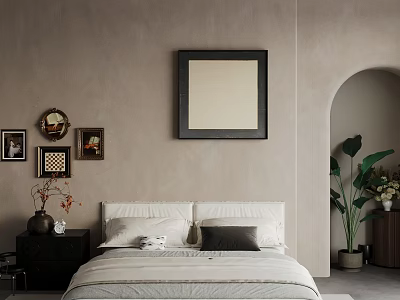 Serene Bedroom Interior With Beige Walls Black Framed Artwork White Bed And Green Plant 3d model