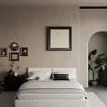 Serene Bedroom Interior With Beige Walls Black Framed Artwork White Bed And Green Plant