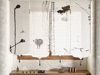 Traditional Ink Painting Room Divider with Bamboo Birds Calligraphy and Tea Set on Wooden Shelf 3d model