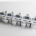 Modern Office Workstation Desks With Multiple Computers And White Chairs Setup 3d model