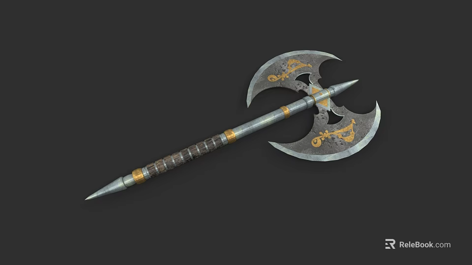 Double Bladed Axe With Golden Decorative Patterns And Brown Gold Handle Spiked Top 3d model 