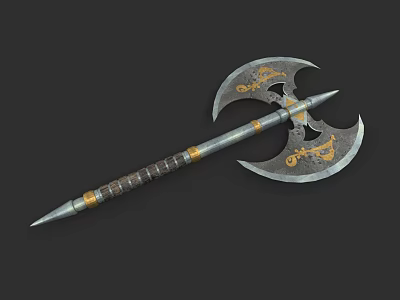 Double Bladed Axe With Golden Decorative Patterns And Brown Gold Handle Spiked Top 3d model