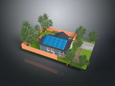 Residential House With Blue Solar Panel Roof Orange Exterior Surrounded By Trees And Lawn 3d model