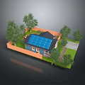 Residential House With Blue Solar Panel Roof Orange Exterior Surrounded By Trees And Lawn