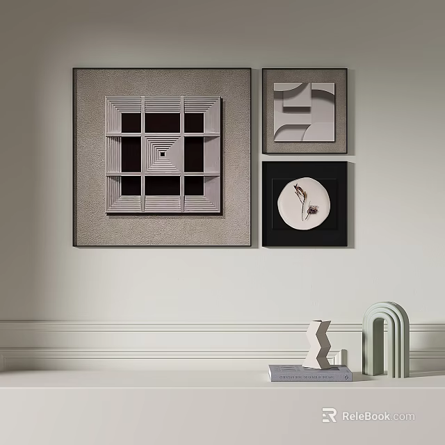 Abstract Paintings On White Wall With Geometric Designs And Decorative Ornaments On Mantel 3d model 
