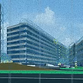 Modern Office Complex With Glass Buildings And Green Landscape