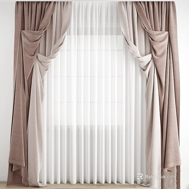 Elegant Light Brown Curtains With White Sheer Layers And Pleated Design 3d model 