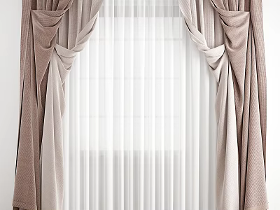 Elegant Light Brown Curtains With White Sheer Layers And Pleated Design 3d model